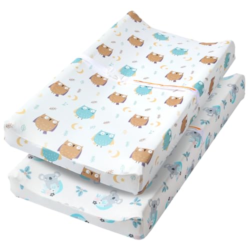 Image of FHMJYH Changing Table Pad Cover Elastic Changing Pad Cover Premium Baby Changing Pad Cover 2 Pack for Boys Girls Soft and Comfortable (Owl and Koala)