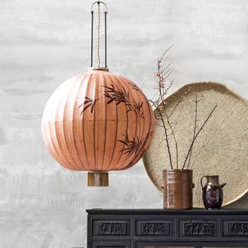 WHIPIN Traditionelle Laternen-Pendelleuchte Pfirsich Bambus 45cm
