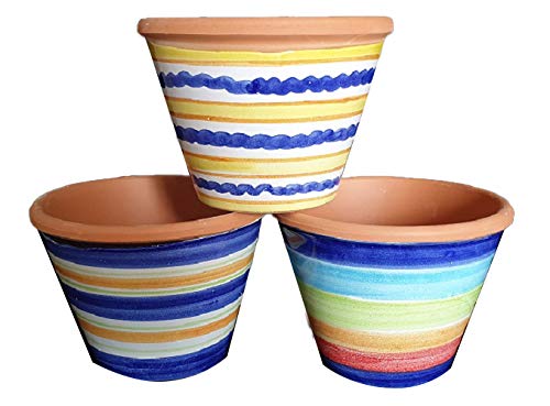 VASO COLORATO (3 PEZZI) IN CERAMICA DI VIETRI DIPINTO A MANO, DIAMETRO CM. 15, ALTEZZA CM. 11 FIORIERA VASO TERRACOTTA MAIOLICA GIARDINAGGIO