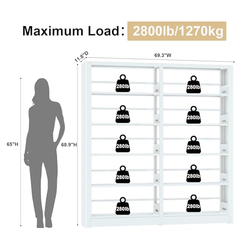 Image of VASAAOSD Bookshelf, Heavy Duty Metal Book Shelf, 69 inch Tall White, 1+1 Set | Adjustable Shelves, 280lbs Shelf Capacity, Industrial Large Office Bookcase, Display Book Organizer, For Living Room Library