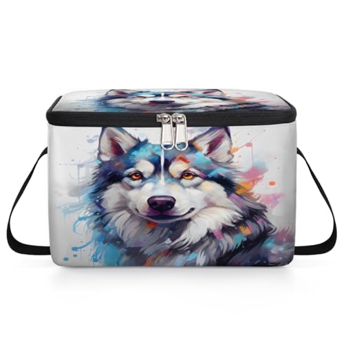 GzLeyigou Watercolor Husky Lunch Bags for Women Men 9 Cans, Hot & Cold Food Delivery Bag Insulated Grocery Bag Insulated Lunch Box Husky Dog Cooler Bag for Office Work Picnic Beach