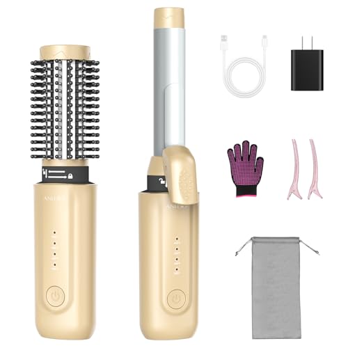 ANIDIO Cordless Curling Iron Brush 4 In1 8000mAh 4 Temp Setting 1/1.5 inch Portable Mini Travel Hot Comb Rechargeable Hair Curler Cordless with 200 Million Negative Ions Dual Voltage (Gold)