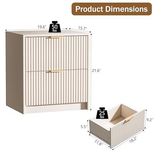 Image of Furniway Nightstands Set of 2, Fluted Nightstand with Gold Metal Handles and 2 Drawers, Modern Bedside Table, 19.6 inch Wide Wood End Table for Bedroom, Beige