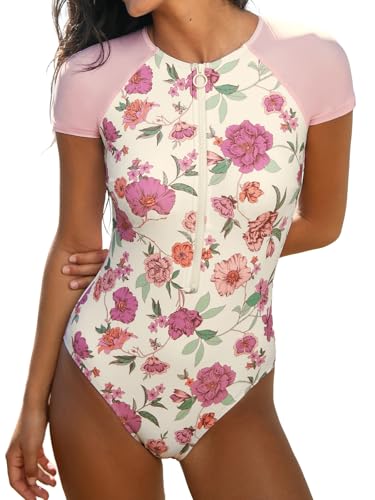 Image of CUPSHE Women's Rash Guard One Piece Swimsuit Short Sleeve Zip Up | Non-Removable Cups, Medium Support, Front Zip, Mock Neck, Fully Lined, UV Swim Shirt, Sporty Bathing Suit
