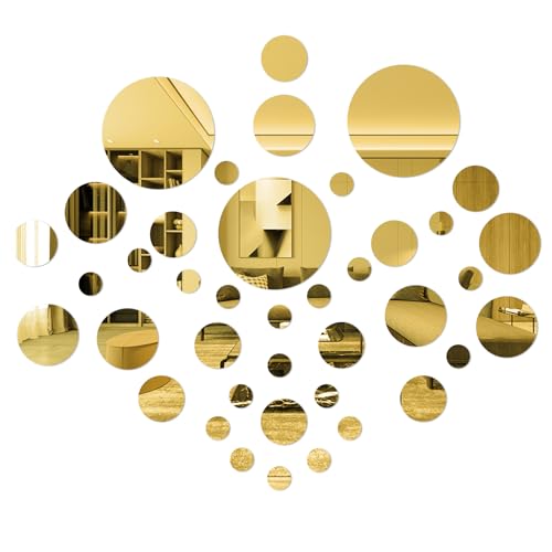 TAIANJI 40 adesivi da parete a specchio, vari specchietti autoadesivi per pareti, rotondi, piastrelle, adesivi decorativi da parete, cerchio dorato, per sfondo domestico