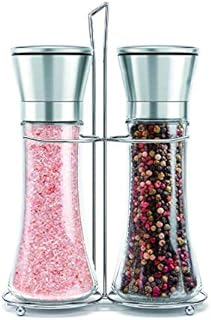 Salt and Pepper Mill Set with Stainless Stand, Adjustable Coarseness Refillable Salt and Pepper Grinder Set of 2, Ceramic Grinding Core and Durable GlassTall