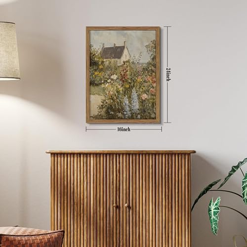 Image of Vintage French Country Cottage Framed Canvas Wall Art - Impressionist Flower Garden Oil Painting Print, Rustic Floral Landscape Decor for Living Room Bedroom Nursery Office 16x24 inch