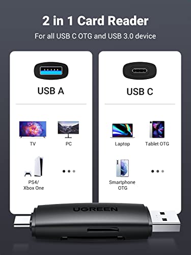 UGREEN Lettore di Schede SD TF USB C Card Reader 2 in 1 USB 3.0 Compatible with Macbook Pro 2023/ Macbook Pro/Galaxy S23/ S22/ S21 Huawei P50/ 40/Mate 40 Xiaomi 13/ Redmi Note 12