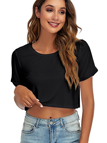 Womens Basic Summer Round Neck Crop Tops Loose Rolled Short Sleeve Solid Tee Shirt2