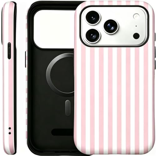 Image of for iPhone 17Pro Case Cute Phone Case,Compatible with MagSafe,Dual Layer Shockproof Protective Phone Cover,Hard Shell + Silicone Cover,Fashion Design for Women Girls,Striped Pink