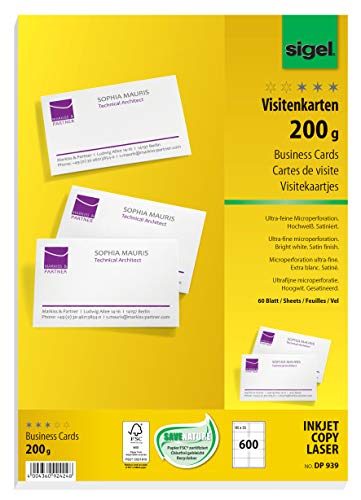 Tarjetas de visita sin imprenta Sigel DP939, hojas imprimibles y precortadas de 200 g