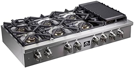 FORNO Spezia 48" Inch. Drop-In Range Top with 8 Sealed Dual Brass Burners - Stainless Steel Stove Top Heavy Duty Continuous Cast Iron Grates with Auto-ignition, Griddle, Wok-Ring and LP conversion