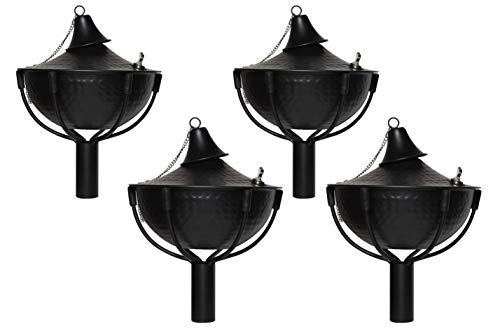 Legends Direct Set of 4, Premium Metal Outdoor Torches for Patio, Lawn and Garden - Tiki Style Metal Torch w Snuffer, Fiberglass Wick & Large 32oz Oil Lamp - 54  Tall (Hammered Black)