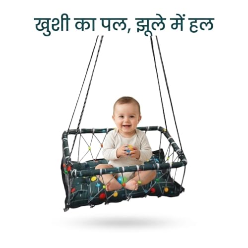 Image of Baby Hanging Swing Cradle with Cushioned Seat, Rope Net Frame, Multicolour Polka Dot Print, for Infants