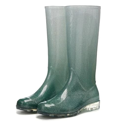 Botas de Agua Hombre Botas de lluvia Crystal Gradient for mujer, caña alta, impermeables, antideslizantes, goma, con forro polar y resistentes al desgaste(Green,38)