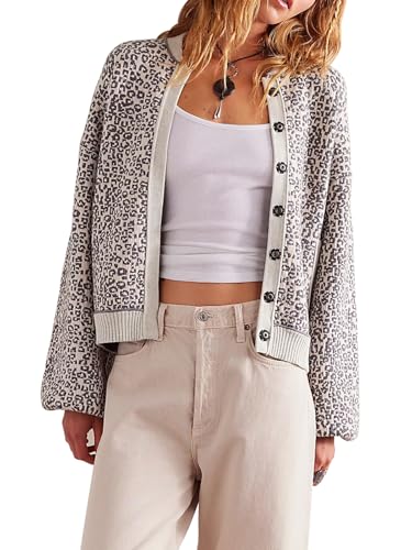 Image of Women's Casual Leopard Print Jacket Crew Neck Long Sleeve Loose Fit Button Coat Fall Trendy Bomber Cardigan