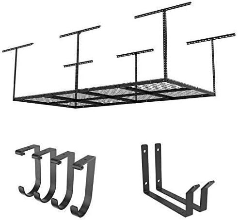 FLEXIMOUNTS 2-Piece Overhead Garage Storage Rack Set w/Hooks Adjustable Ceiling Storage Racks, 96" Length x 48" Width x 40" Height, 2 Sets, Black