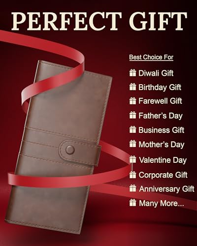Image of FEDUS D-Brown Leather Premium Long Currency Holder,Unisex Passport Holder,Wallet with Card Holder, ID Card,Ticket, Currency,Boarding Pass Slots RFID Protected Travel Accessories Organiser,Faux Leather