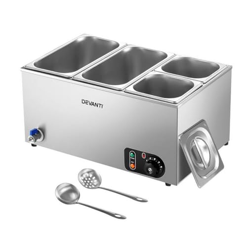 Devanti 4-Pan Food Warmer, Bain Marie Commercial Electric Food Warmers, Stainless Steeel Chafing Dish with Thermostat Control, 30-85°C Temp Control for Buffet, Kitchen, Restaurant