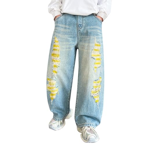 Boys Ripped Baggy Denim Pants Wide Leg Straight Streetwear Jeans Y2K Elastic Waist Casual Loose Long Trousers Jeans