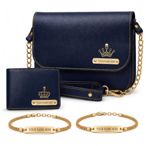 Image of SAVRI Personalized Rakshabandhan Gift for Bhaiya & Bhabhi | Customized Leather Wallet & Sling Bag with Name & Charm | Set of 2 Personalized Chain Rakhis with Name | Couple Gift for Anniversary & Rakhi