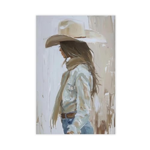Impression sur toile fille cheveux bruns chapeau cowboy decoration murale chambre