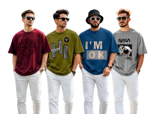 Image of AUSK Mens Loose Fit Oversized Printed Cotton T-Shirts Half Sleeve Drop Shoulder Men Tshirt