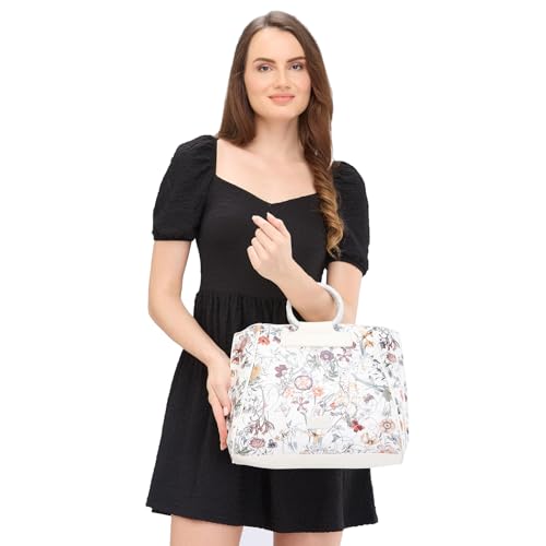 Image of Caprese Fiorella Satchel, White-Large | Stylish Floral Printed Shoulder Bag for Women with Adjustable Sling Strap | Easy Back Access Pocket & Spacious | Perfect for Office & Daily Essentials