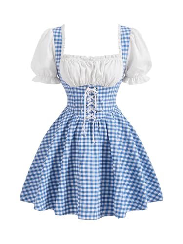 WDIRARA Womens Vintage Cottagecore Gingham Dresses Puff Sleeve Lace Up Corset Flared Dress Blue and White Large