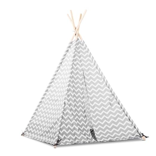 Tienda campaña ZIGZAG tipi con estera infantil portátil niños, casita decorativa plegable, madera natural, tejido poliéster, juego exterior gris