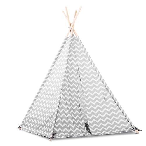 Beeloom - Tienda campaña ZIGZAG tipi con estera infantil portátil niños, casita decorativa plegable, madera natural, tejido poliéster, juego exterior gris
