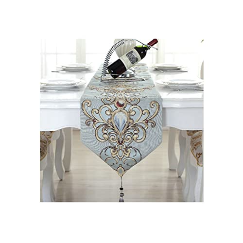 Chemin de table en lin WXKAGF motif pierres précieuses et fleurs bleu