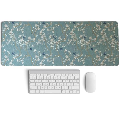 Image of Vintage Chinoiserie Bird Mouse Pad,Dusty Blue Oriental Desk Mat