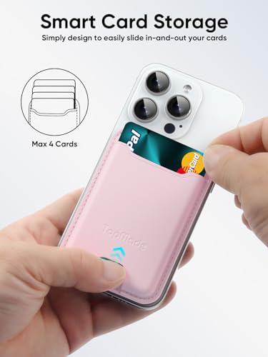 TopMade Phone Card Holder, Premium Leather Phone Wallet Stick on, Stronger 3M Adhesive Credit Card Holder for Back of Phone Case, iPhone, Samsung, and Android, RFID Blocking, Fit 4 Cards, Pink