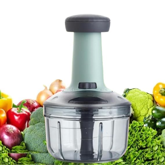 manual push chopper 700ml – hand press vegetable & fruit cutter with 6 stainless steel blades | salad chopper with locking storage, adjustable cutting size | bpa-free