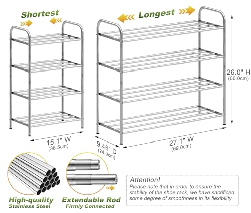 SKIKEN 4-Tier Expandable Shoe Rack - Adjustable Width & 100% Stainless Steel | 4 Rods Per Tier | Adjustable Feet | Multi-Functional Metal Shelf for Closet, Stair Sides, Entryway, Heavy Duty (Silver)