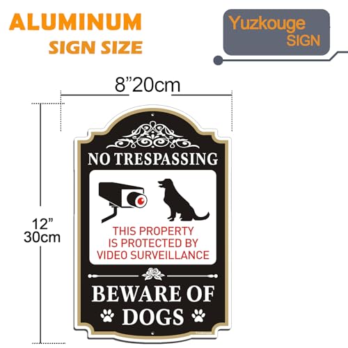 Yuzkouge No Trespassing Beware of Dogs Sign - 2 Pack, 12” x 8” Rust Free Aluminum Private Property Sign, Weatherproof, Fade Resistant, Easy Mounting(Black)