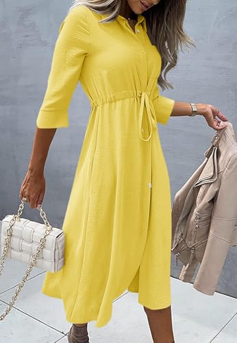Image of Febriajuce Women's 3 /4 Sleeve Midi Dress Casual Drawstring Belted Round Neck Plain Tie Waist Loose High Waist Long Dress
