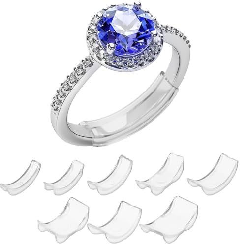 KOLZEMV Pack de 8 Tensores de Anillos, con 4 Tamaños Diferentes, Ajuste para Anillos Sueltos, ajustador de anillos invisible, Juego de Tensores en Espiral de Silicona Transparente con Paño de Pulido