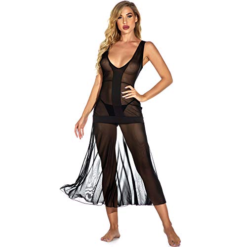GVIANCXI Femme Nuisette Sexy Longue Col V Grande Taille Robe De Nuit ࠍanches Longues Blanche Dentelle Transparent Robe Maternit頓tring,Noir-5,M