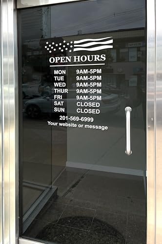 Business Hours Sign for Window Decal - Free Squeegee - Easy Install Manual - US flag - Patriotic American Flag Design, Easy Install (Portrait)