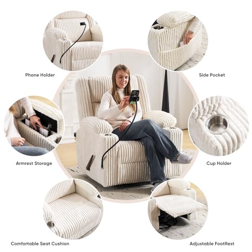 Image of Oversized Manual Recliner Chair with Arm Storage,Swivel Rocker Recliner Chair for Adults with Adjustable Headrest,Nursery Glider Recliner with Phone Stand and Side Pockets for Living Room,Beige