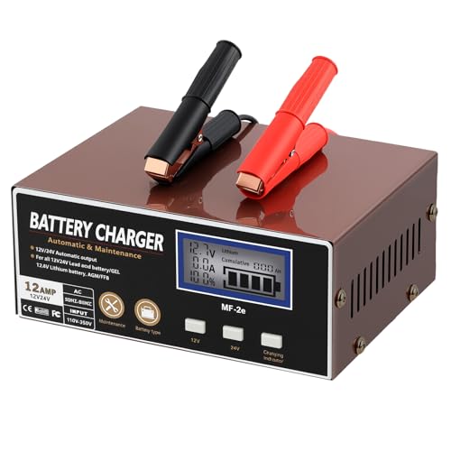 CRLITSIY 12V 24V Battery Charger Manual Battery Charger 12A/8A Car Battery Charger with Upgraded Cable ClampsSmart Adjustable Battery Charger for AGM Lead-Acid Battery Automotive RV Motorcycle Boat