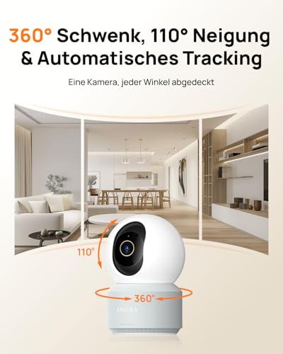 Anona Pano 4K Innenüberwachungskamera mit 360° Auto-Tracking & Wi-Fi 6, Indoor Kamera mit Personen-, Haustier-, Babyweinen-Erkennung, 2-Wege-Audio, Datenschutzmodus | Alexa-kompatibel, 1er-Pack