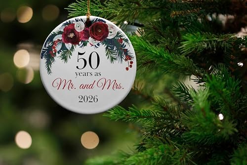 50 Years as Mr. and Mrs. Ceramic Christmas Tree Ornament Collectible Holiday Keepsake 2.875" Round Ornament in Decorative Gift Box with Bow, Perfect 50th Wedding image 4