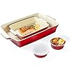Set Stampi da Forno in Ceramica (2 Teglie per Lasagne Rettangolari + 2 Stampo per Soufflé 150ml), Set da Tavola da Cucina per Cucinare, Adatto per Forno a Microonde – Glassa reattiva, Rossa