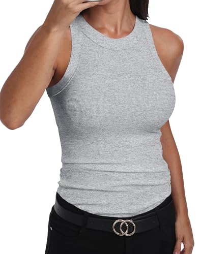 GEMBERA Womens Sleeveless Racerback High Neck Basic Ribbed Knit Fitted Tank Top Heather Grey M