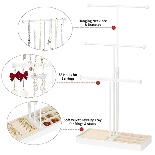 Necklace Holder Jewelry Organizer Stand, 3 Tier Jewelry Towers Tree With Velvet Earrings Rings Tray, Adjustable Height Necklace Rack Display With 38 Earring Holes For Bracelets Watches Bangles, White #TOP6