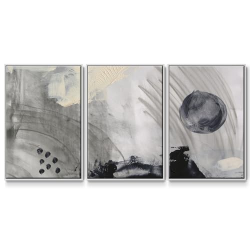 Renditions Gallery Abstract Wall Art Black and Grey Painting Modern Minimalist Home Décor Artwork 3 Pieces of White Framed Canvas Prints Wall Decorations for Bathroom and Bedroom 16x24 Inch LS008