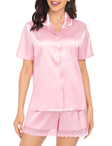 Swomog Brides Pajamas Sets Satin Pajamas Womens Short Sleeve Sleepwear Soft Silky 2 Piece Loungewear Pjs Short Pajama Set Pink #TOP1